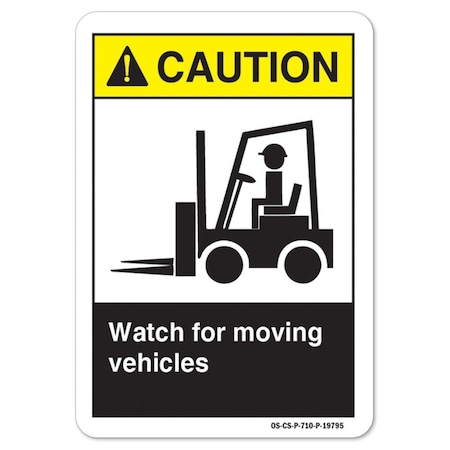 ANSI Caution Sign, Watch For Moving Vehicles, 24in X 18in Rigid Plastic